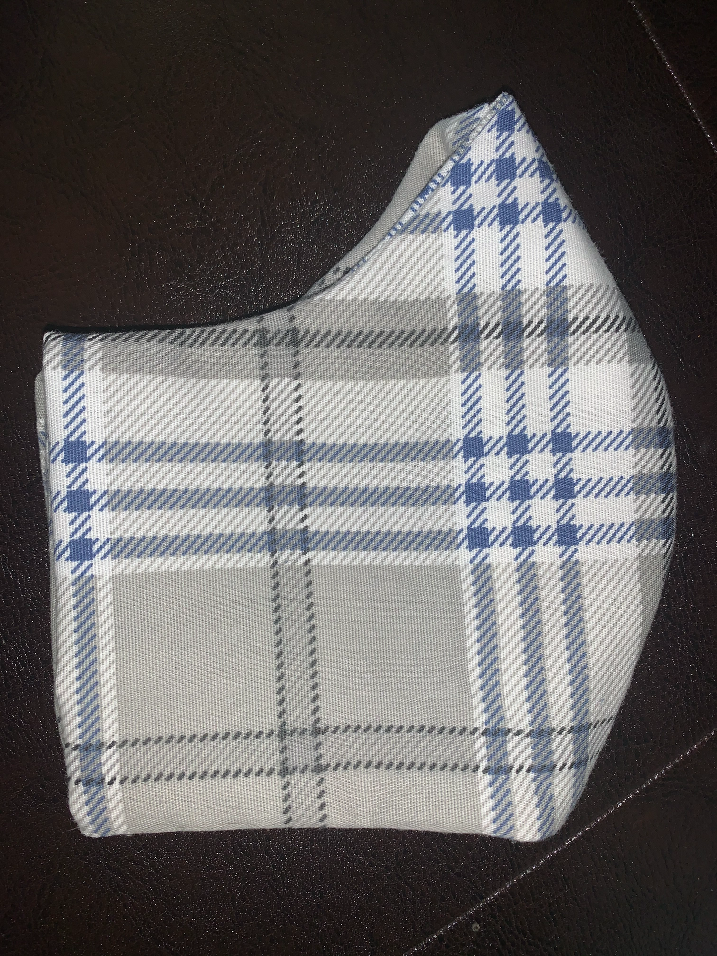 Grey/WHT/Blue Plaid Cotton 2 Layer Facemask